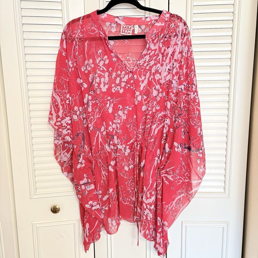 Vivienne Tam Red Floral Kaftan 1X Sheer Beach Cover Cherry Blossom
